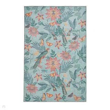Washable Catherine Lansfield Amaya Tropical Birds Lightweight Printed Polyester Flatweave Aqua Green/Coral Pink/Peach Rug-Think Rugs-Rug Love - The Most Loved Rug Store